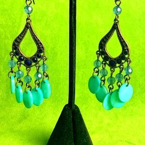 Ornate Bronze Victorian Rhinestone Chandelier Earrings, Unmarked
